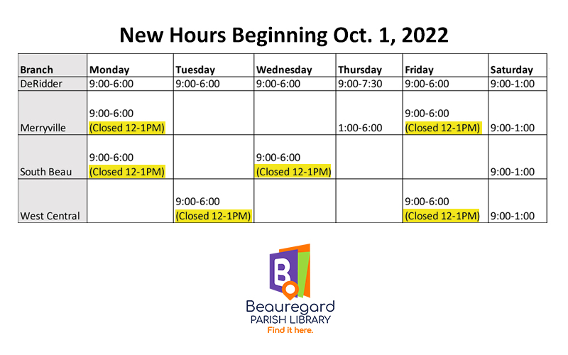 Grid showing new branch hours beginning Oct 1
